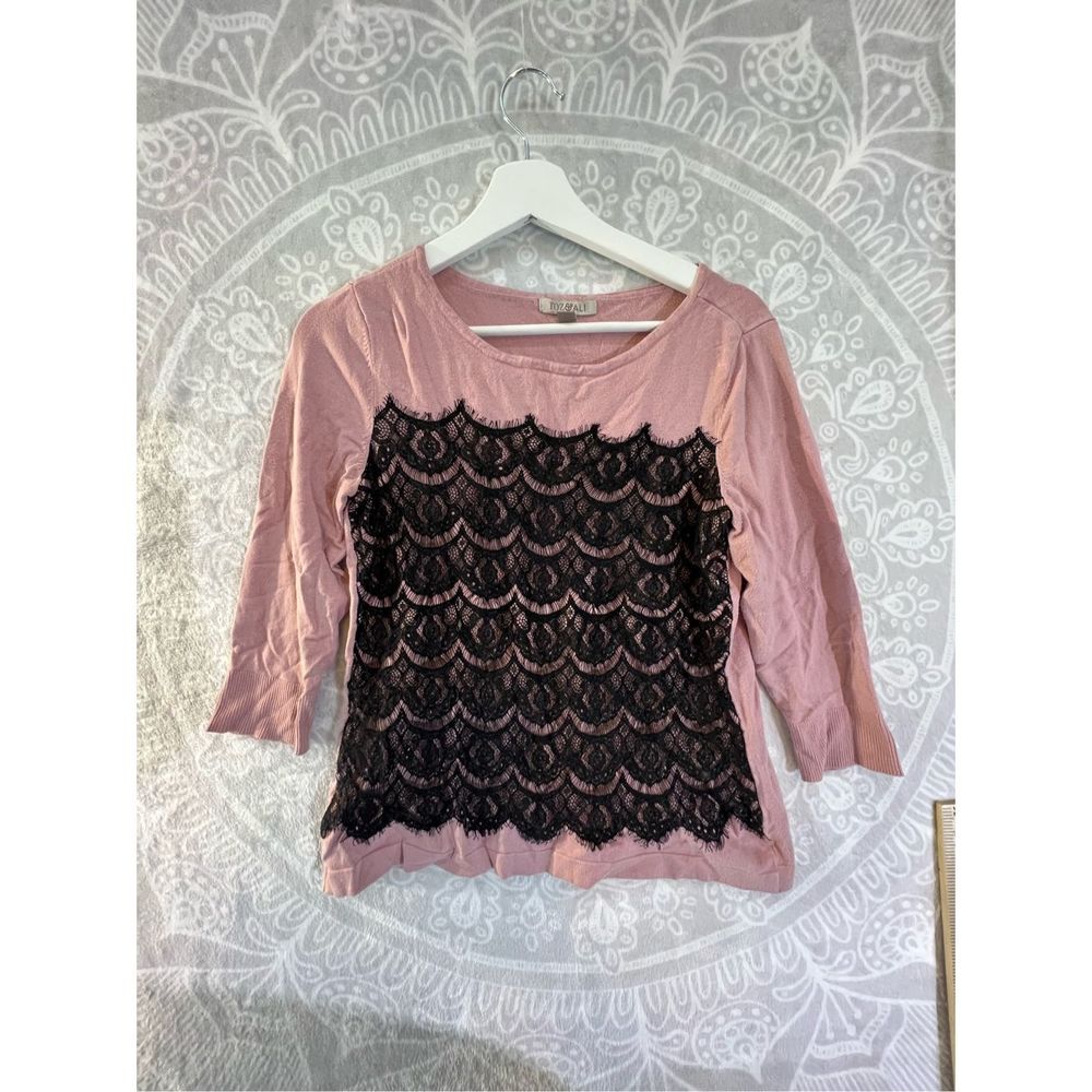 GUC ROZ & ALI PALE PINK SWEATER MAUVE WITH BLACK LACE SIZE M MEDIUM 651